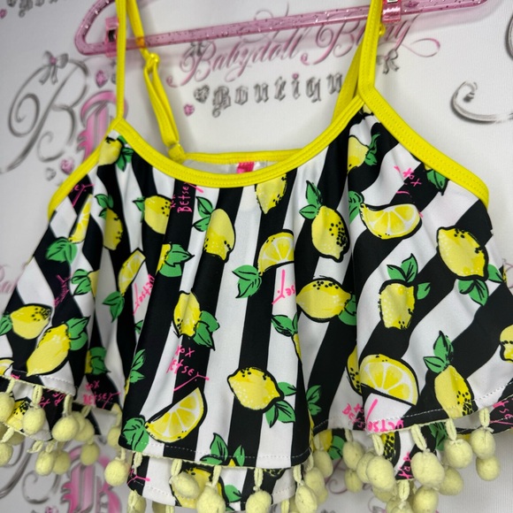 Betsy Johnson bikini top ruffle frilly Pom Pom trim Lemons π striped pink - Picture 3 of 12